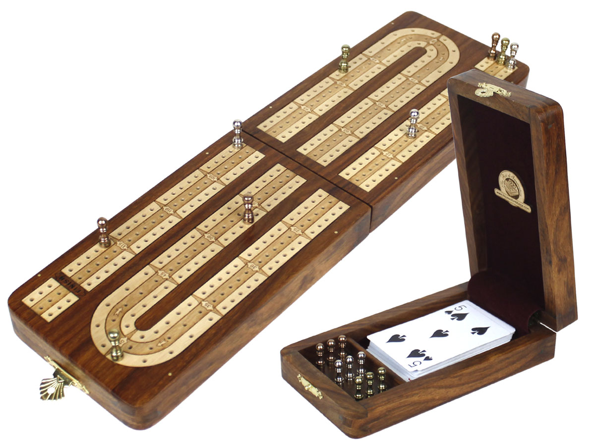 Wooden Folding Cribbage Board Set 2 Track with Pegs & Cards Vintage Style NEW 