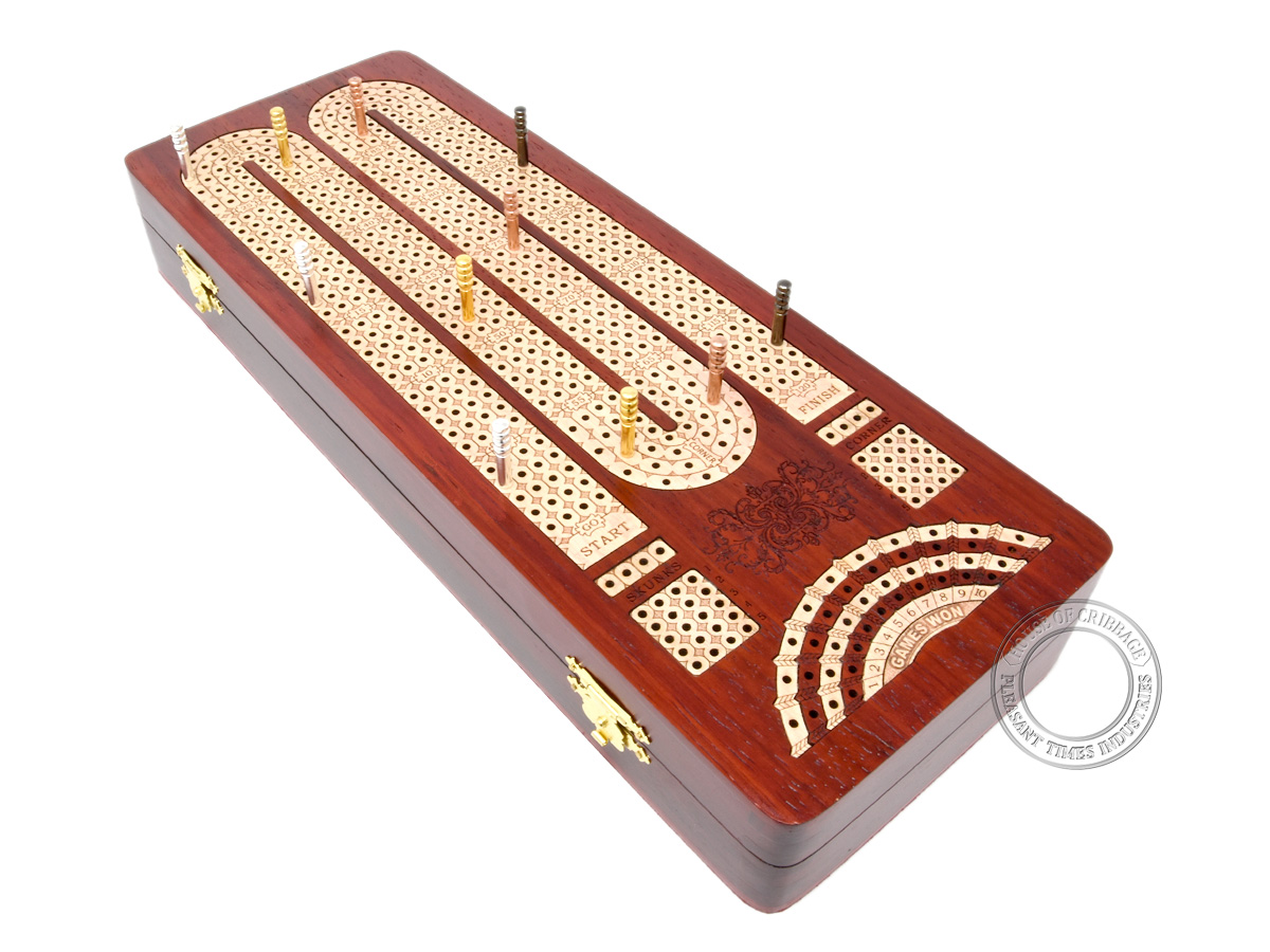 Unique Cribbage Board Continuous 4 Tracks Wood Inlaid With Sliding Lids